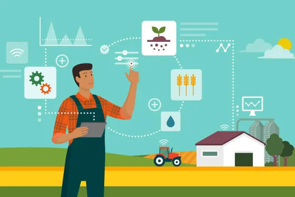 Grafische Darstellung eines Landwirtes mit verschiedenen Statistikelementen